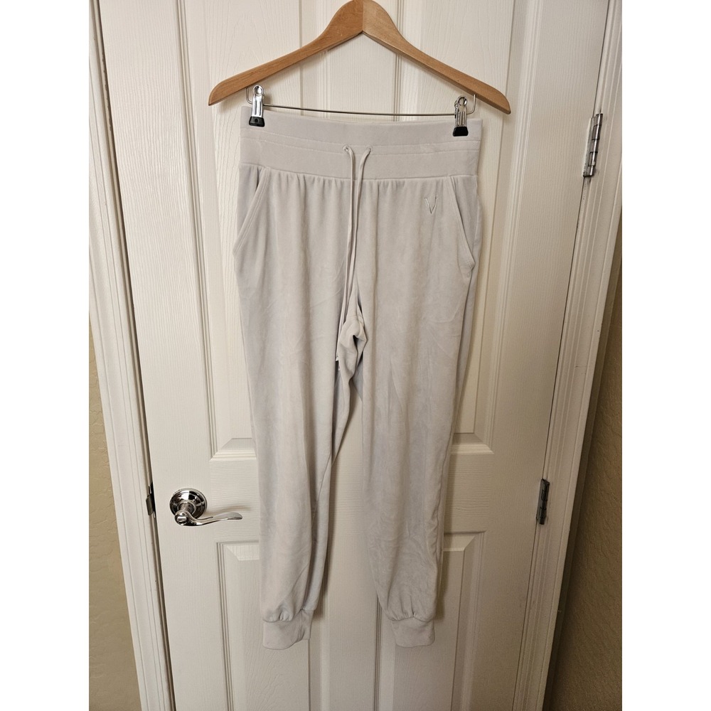 Victoria's Secret Women White Velvet Velour Jogging Pants, Blue V Logo, Small